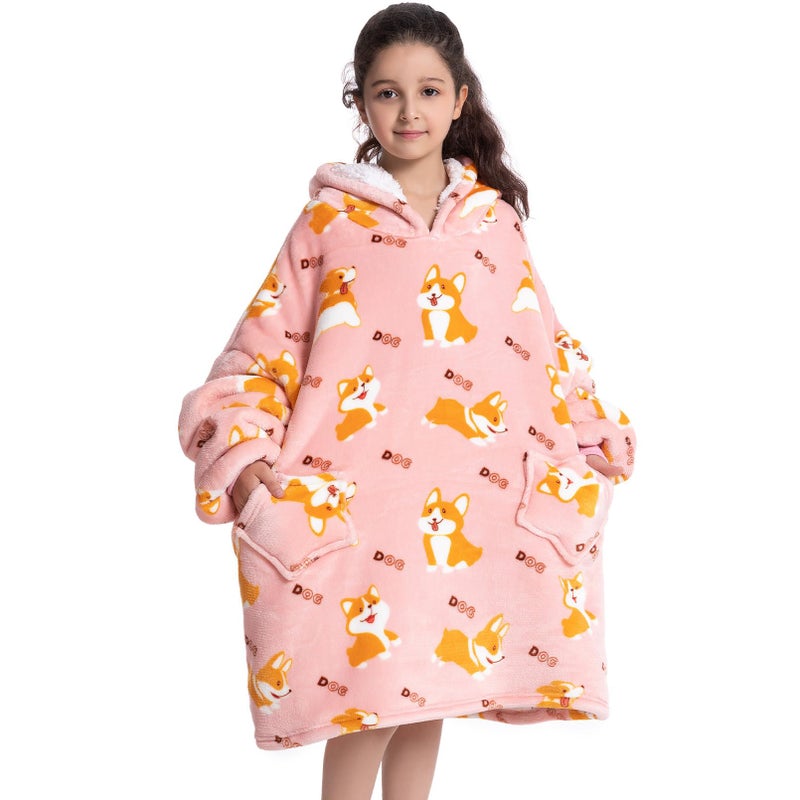 Deserthome Wearable Blanket Hoodie for Kids 612YR Oversized Animal Hooded Blanket Super Soft Comfortable Warm Flannel Corgi