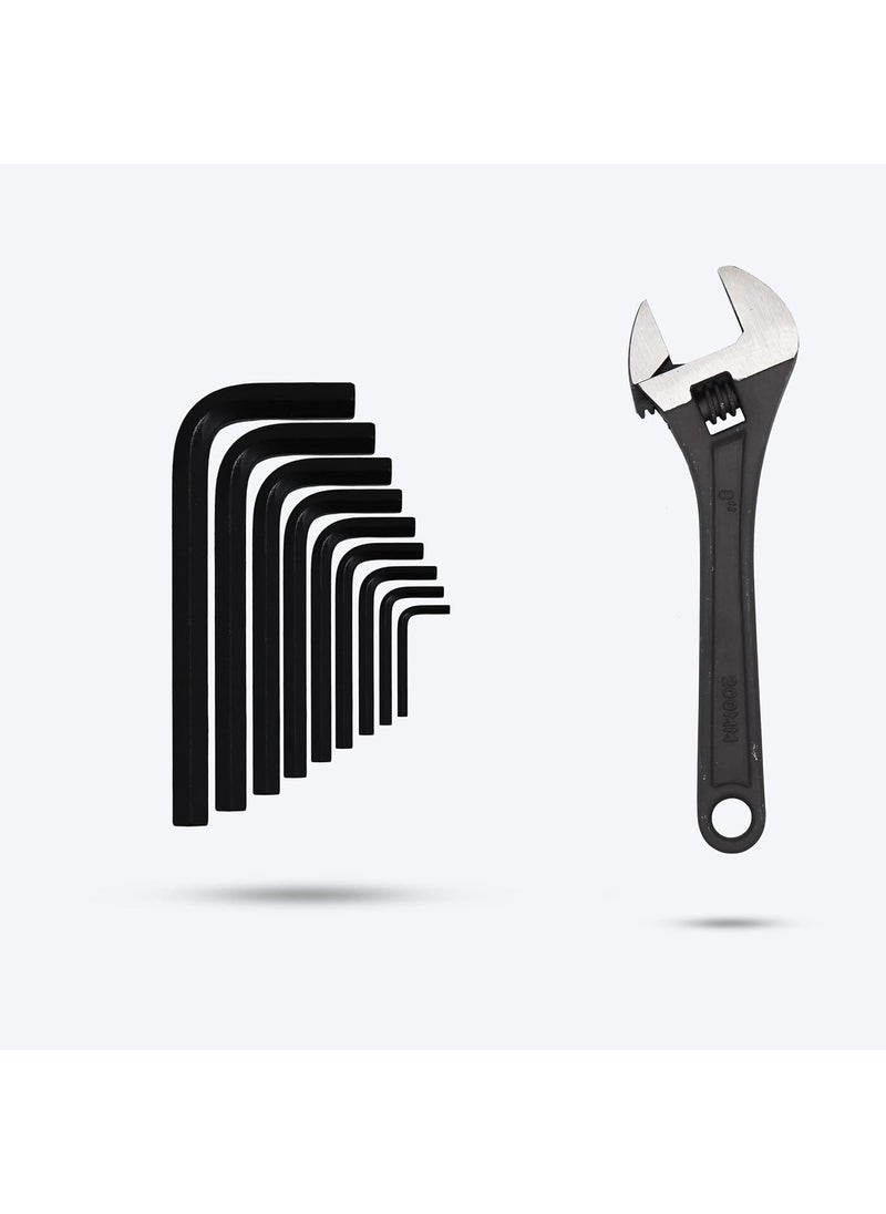 Walkers Walkers WKCB170M1 9 Pieces Full Hex Allen Key Kit Bolt Spanner Goti Wrench L Shape Repair Tool Set with 8 inch Adjustabel Wrench for BikeBicycleCycleGuitar Allen Key Set  - Image 1