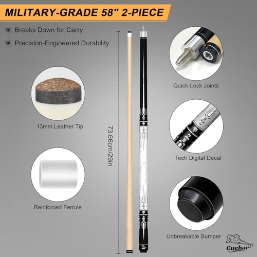 CUEBAR Pool Cue Stick 58 Inch 2Piece Billiard Cue with Geometric Sword Inlays Unwrapped Grip Maple Shaft 13mm Tip White 20 Oz - Image 3