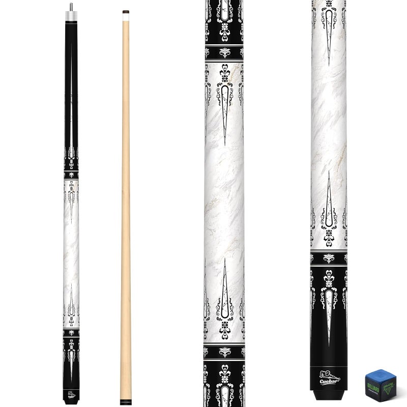 CUEBAR Pool Cue Stick 58 Inch 2Piece Billiard Cue with Geometric Sword Inlays Unwrapped Grip Maple Shaft 13mm Tip White 20 Oz - Image 2