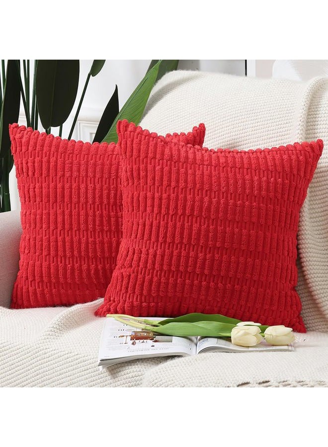 Madizz Set of 2 Corduroy Striped Boho Cushion Covers Decorative Soft Cushion Cover for Sofa Bedroom Red 45x45cm - Image 1