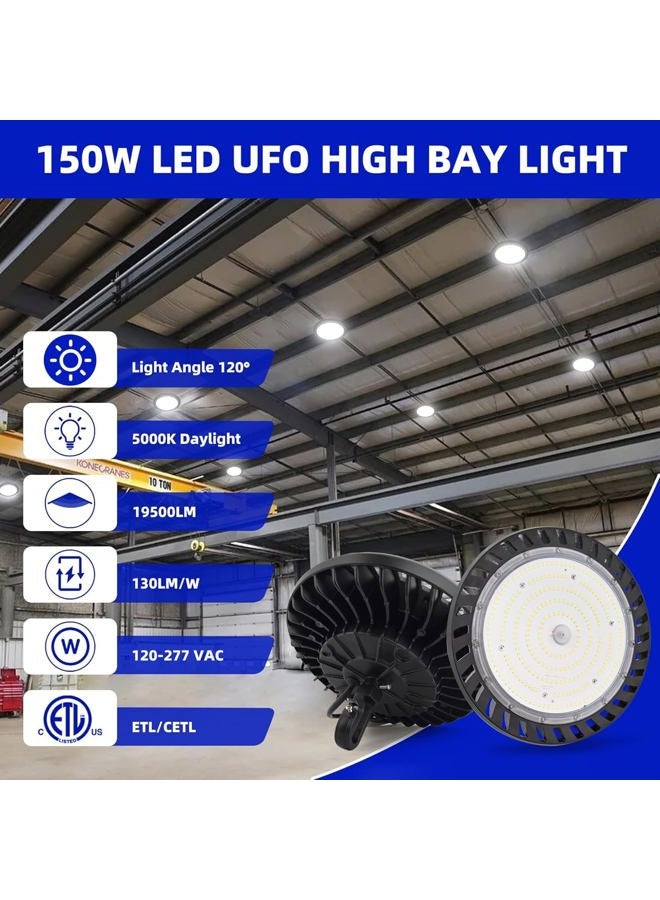 hykolity 6 Pack LED High Bay Light 150W, 5000K UFO LED High Bay Light Fixture with US Plug [450W MH/HPS Equiv.] 100-277V, 19,500lm, IP65 Commercial Warehouse Area Light for Wet Location - Image 2