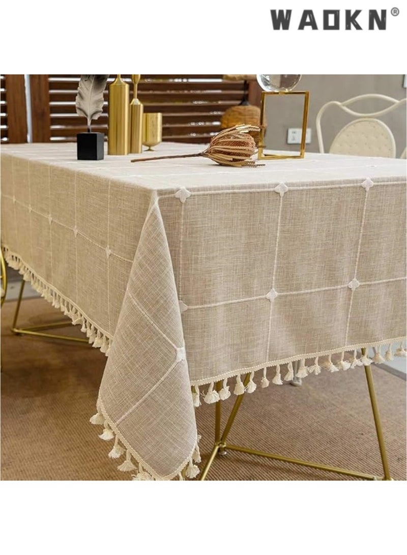 WAOKN Deep Dream Tablecloths, Embroidered Checkered Table Cloth Cotton Linen Wrinkle Free Anti-Fading Table Cover Decoration for Kitchen Dinning Party Christmas, 55 x 55 Inch - Brown - Image 1