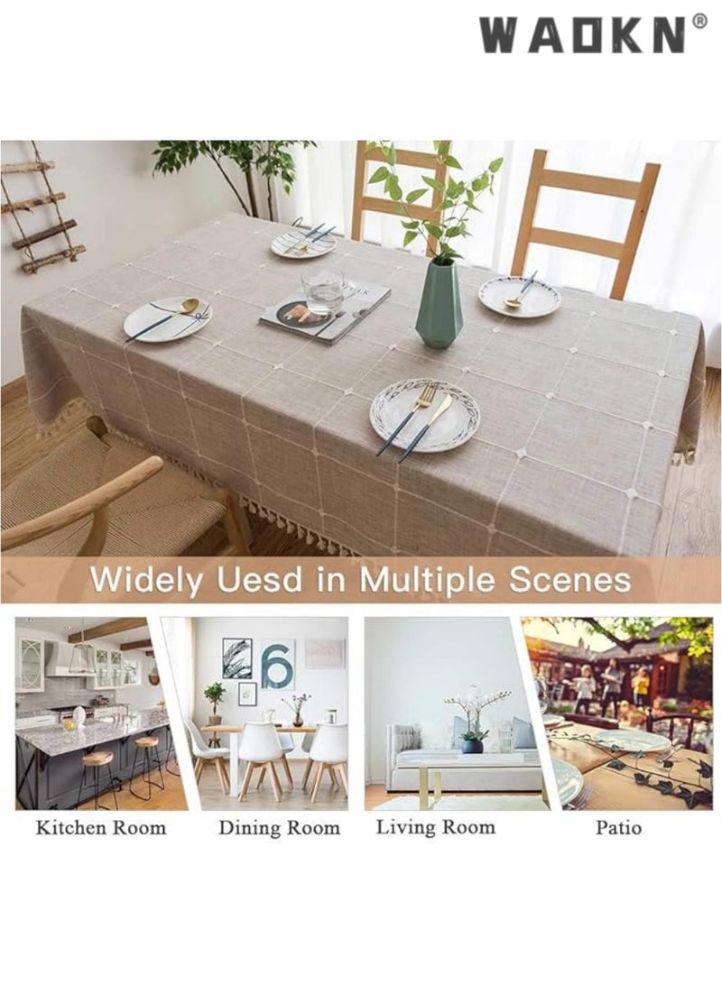 WAOKN Deep Dream Tablecloths, Embroidered Checkered Table Cloth Cotton Linen Wrinkle Free Anti-Fading Table Cover Decoration for Kitchen Dinning Party Christmas, 55 x 55 Inch - Brown - Image 4