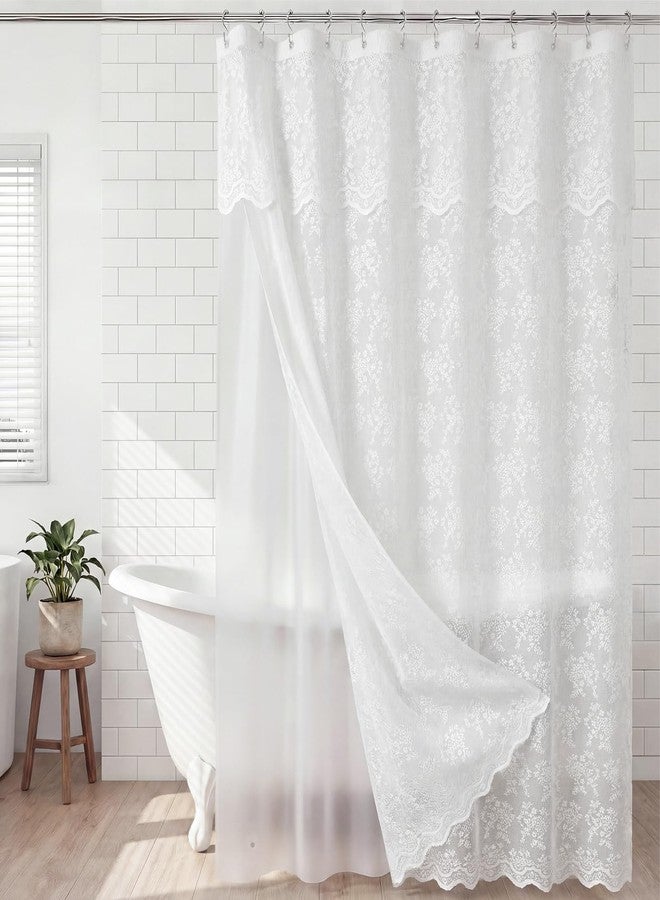 Nesphy Lace Shower Curtain with Liner Set, White 3-in-1 Shower Curtain with Attached Valance, Floral Vintage Sheer Scalloped French Country Bathroom Decor, Includes 12 Stainless Steel Hooks, 72 x 72 - Image 1
