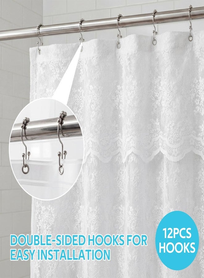 Nesphy Lace Shower Curtain with Liner Set, White 3-in-1 Shower Curtain with Attached Valance, Floral Vintage Sheer Scalloped French Country Bathroom Decor, Includes 12 Stainless Steel Hooks, 72 x 72 - Image 2