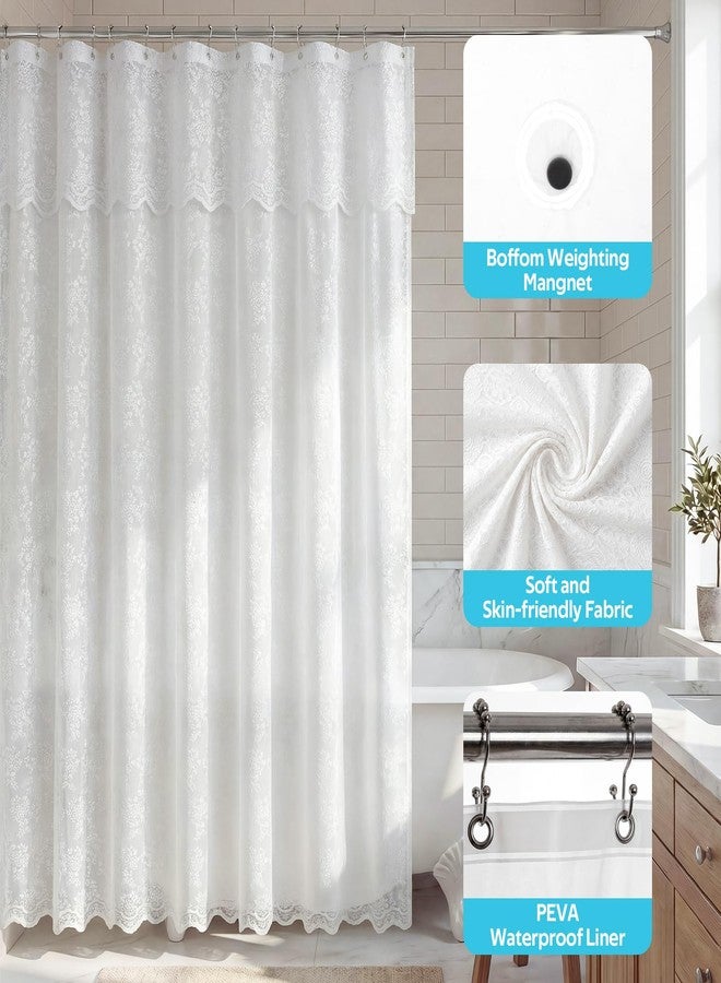 Nesphy Lace Shower Curtain with Liner Set, White 3-in-1 Shower Curtain with Attached Valance, Floral Vintage Sheer Scalloped French Country Bathroom Decor, Includes 12 Stainless Steel Hooks, 72 x 72 - Image 3