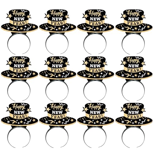 WEEPA 12 Pcs New Years Eve Party Decorations 2026 New Year Eve Hats HAPPY NEW YEAR Headbands Paper Black Tiara With Gold Glitter Headbands - Image 1