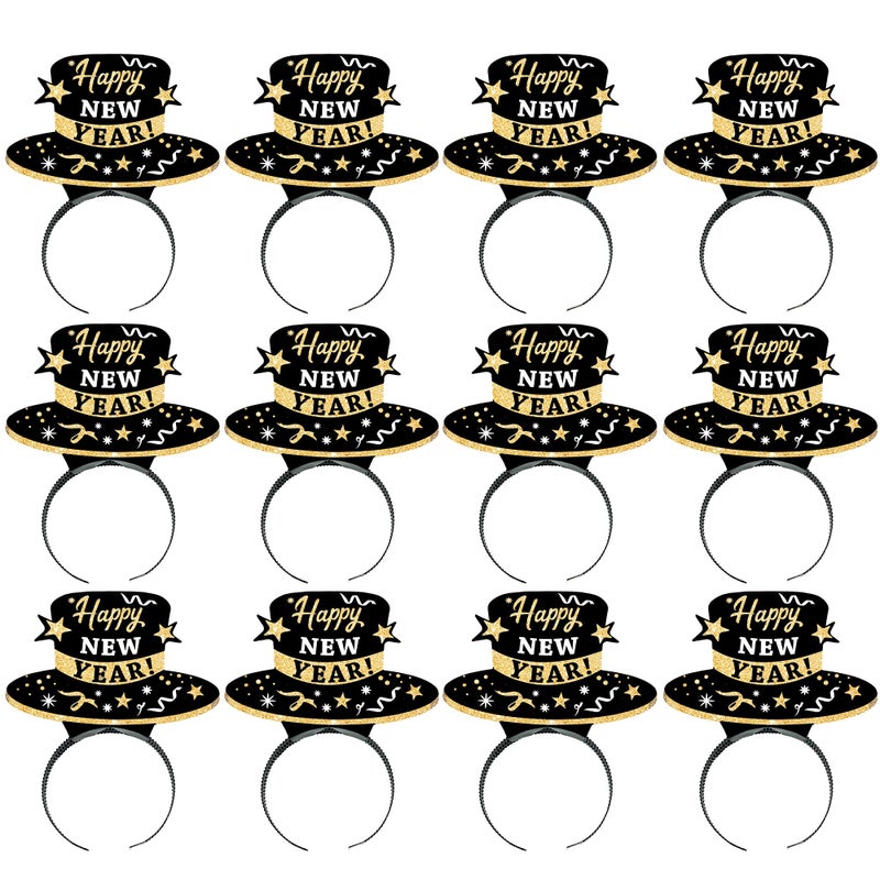 WEEPA 12 Pcs New Years Eve Party Decorations 2026 New Year Eve Hats HAPPY NEW YEAR Headbands Paper Black Tiara With Gold Glitter Headbands - Image 2