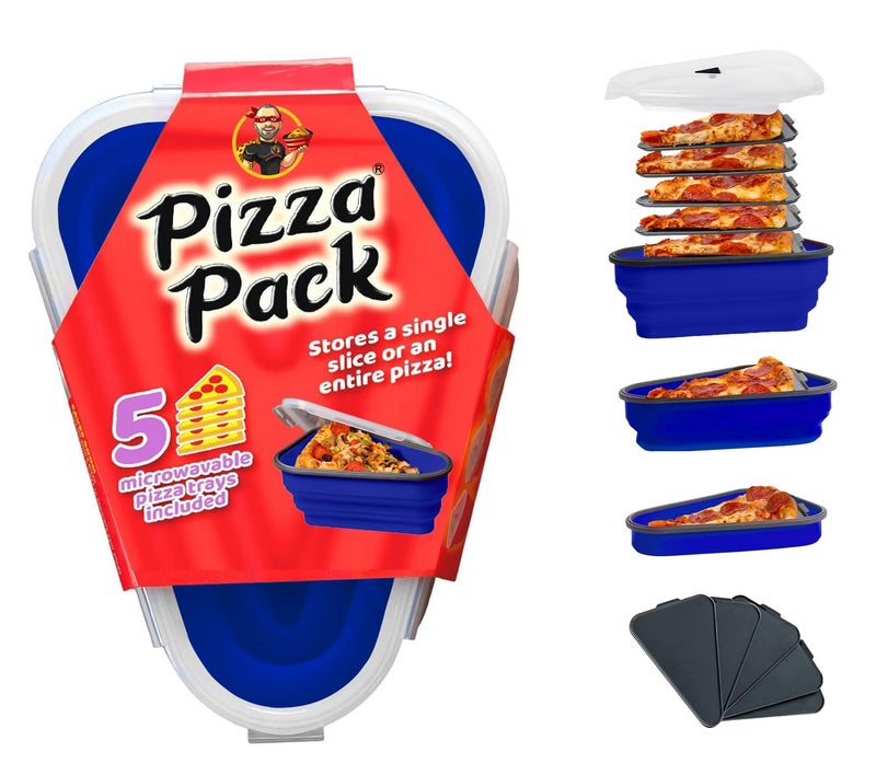 PIZZA PACK The Perfect Pizza Packâ„¢ - Reusable Pizza Storage Container with 5 Microwavable Serving Trays - BPA-Free Adjustable Pizza Slice Container to Organize & Save Space, Blue - Image 1