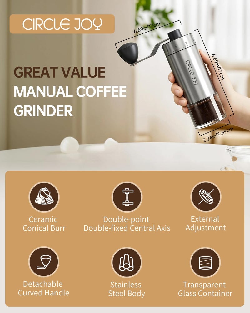 CircleJoy CIRCLE JOY Manual Coffee Grinder with 40 External Adjustable Settings and Ceramic Conical Burr, Portable Stainless Steel Hand Coffee Grinder for Camping, Travel and Espresso - Image 3