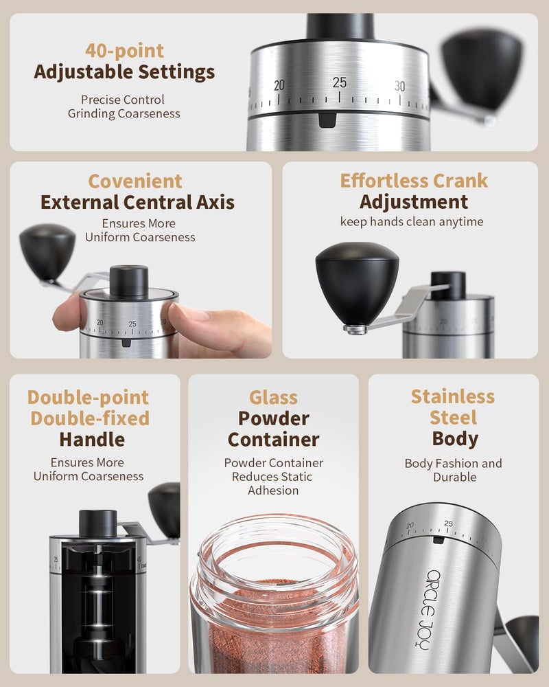 CircleJoy CIRCLE JOY Manual Coffee Grinder with 40 External Adjustable Settings and Ceramic Conical Burr, Portable Stainless Steel Hand Coffee Grinder for Camping, Travel and Espresso - Image 2