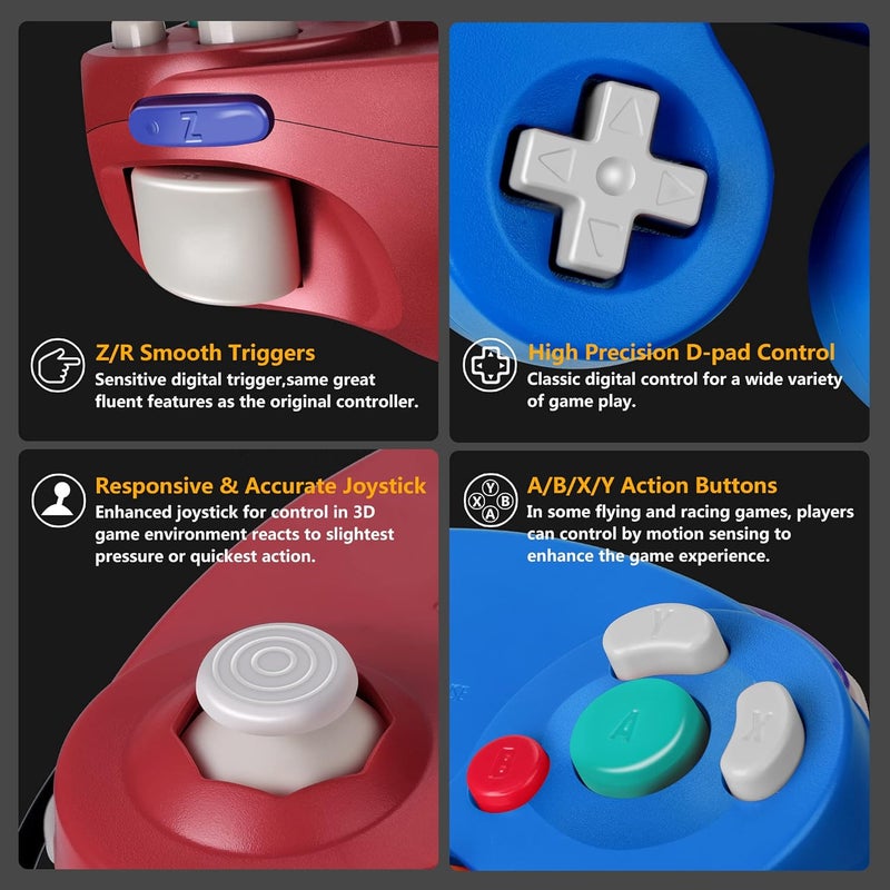 FIOTOK Gamecube Controller, Classic Wired Controller for Wii Nintendo Gamecube (Red & Blue) - Image 4