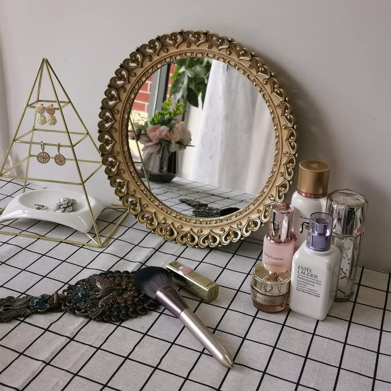 Yash YANIZU Decorative Mirror Tray, Round Hollowed Out Design, Organizer for Makeup, Jewelry, Perfume, Vintage Display and Serving Tray for Dresser, Counter and Coffee Table, 12inchesX 12inches, Gold - Image 4