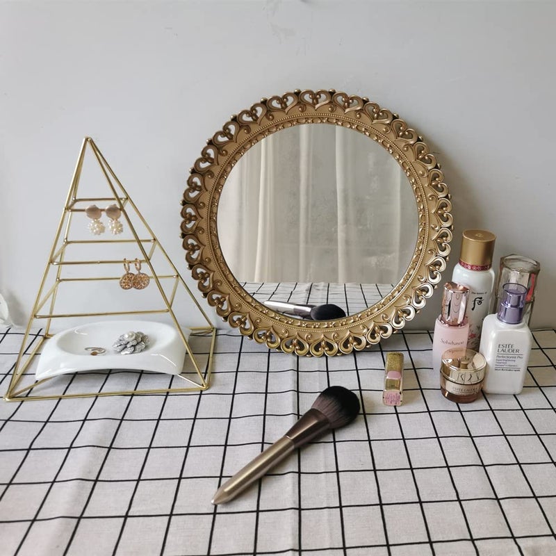 Yash YANIZU Decorative Mirror Tray, Round Hollowed Out Design, Organizer for Makeup, Jewelry, Perfume, Vintage Display and Serving Tray for Dresser, Counter and Coffee Table, 12inchesX 12inches, Gold - Image 2