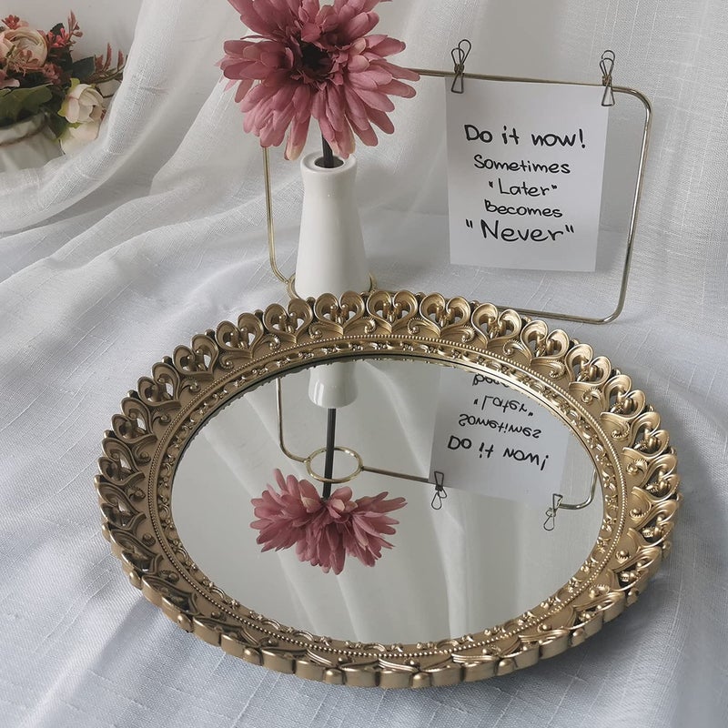 Yash YANIZU Decorative Mirror Tray, Round Hollowed Out Design, Organizer for Makeup, Jewelry, Perfume, Vintage Display and Serving Tray for Dresser, Counter and Coffee Table, 12inchesX 12inches, Gold - Image 1