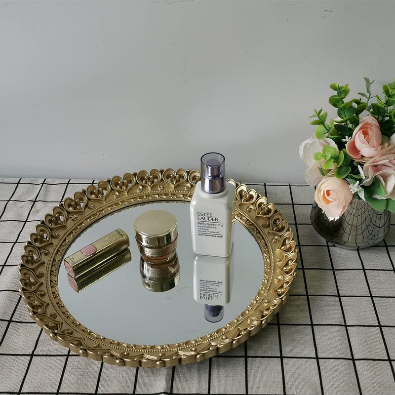 Yash YANIZU Decorative Mirror Tray, Round Hollowed Out Design, Organizer for Makeup, Jewelry, Perfume, Vintage Display and Serving Tray for Dresser, Counter and Coffee Table, 12inchesX 12inches, Gold - Image 3