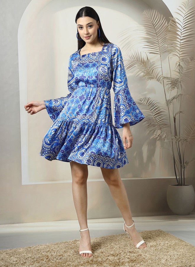 PlusS Floral Printed Blue Fit & Flare Dress for Women - Image 1
