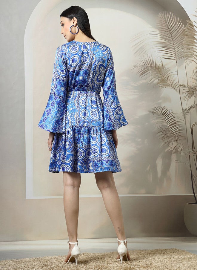 PlusS Floral Printed Blue Fit & Flare Dress for Women - Image 5