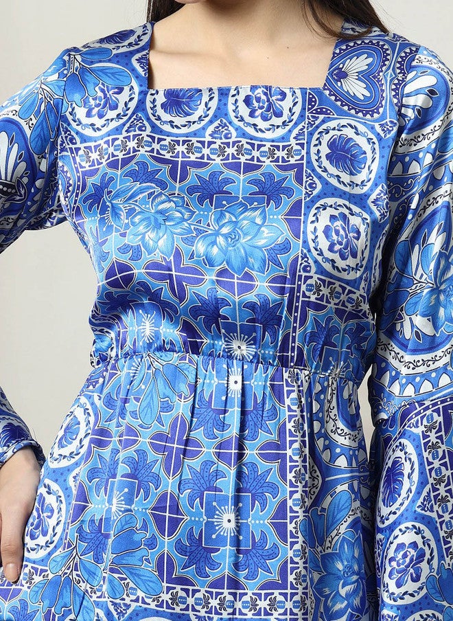 PlusS Floral Printed Blue Fit & Flare Dress for Women - Image 2