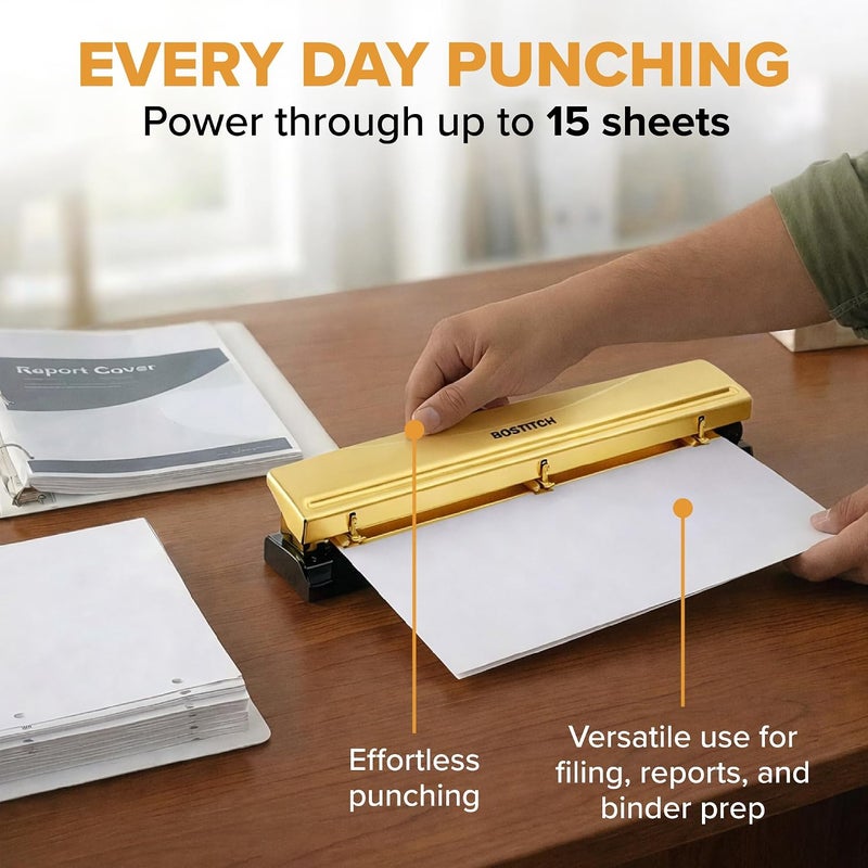 Bostitch 3 Hole Paper Punch, 15 Sheet Capacity, Metal Office Hole Puncher with Chip Tray, Non-Slip Base, 9/32" Holes, Perfect for Binders, School, Home & Office, Gold - Image 2