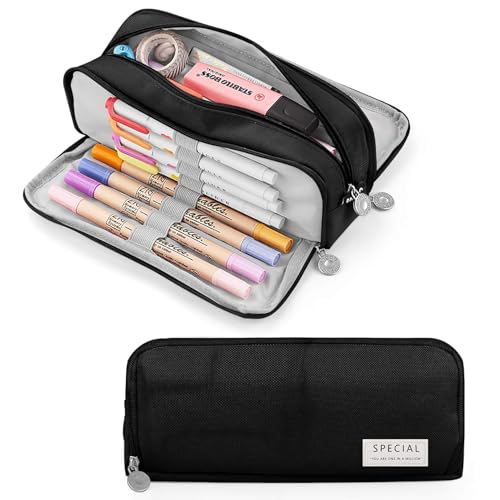 SGMVK Pencil Case Large Pencil Cases for Girls Boys Big Capacity Pencil Pouch with 3 Compartments School Stationary Kids College Students Office Aesthetic Pencil Pouch Teenage Adults (Black) - Image 5