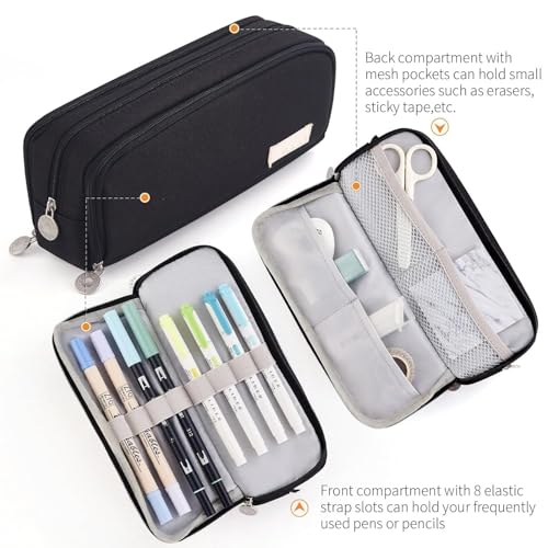 SGMVK Pencil Case Large Pencil Cases for Girls Boys Big Capacity Pencil Pouch with 3 Compartments School Stationary Kids College Students Office Aesthetic Pencil Pouch Teenage Adults (Black) - Image 4