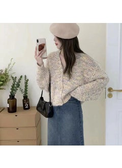 Generic Autumn Winter Knitted Open Shirt Women Fashion Long Sleeve Coat Thick Wool Short Style Vintage Korean Casual Style Creamy-white  - Image 1