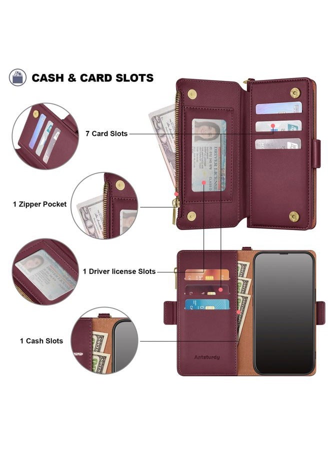 Antsturdy Compatible with Phone 17 Wallet Case,RFID Blocking PU Leather Phone Case Women Men Kickstand flip Cover Wrist Strap Zipper Credit Card Holder Slots for 17 6.3",Wine Red - Image 5