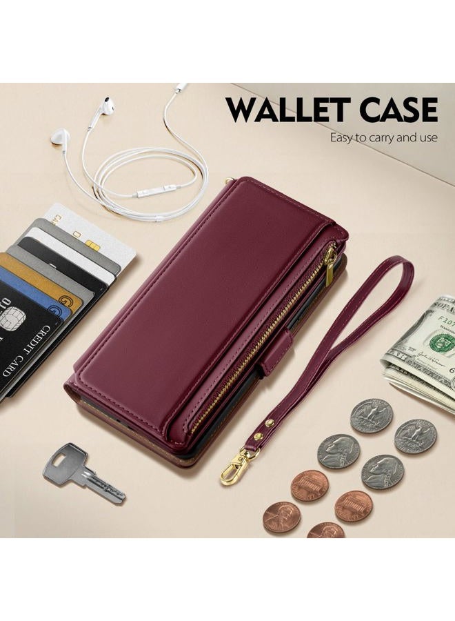 Antsturdy Compatible with Phone 17 Wallet Case,RFID Blocking PU Leather Phone Case Women Men Kickstand flip Cover Wrist Strap Zipper Credit Card Holder Slots for 17 6.3",Wine Red - Image 2