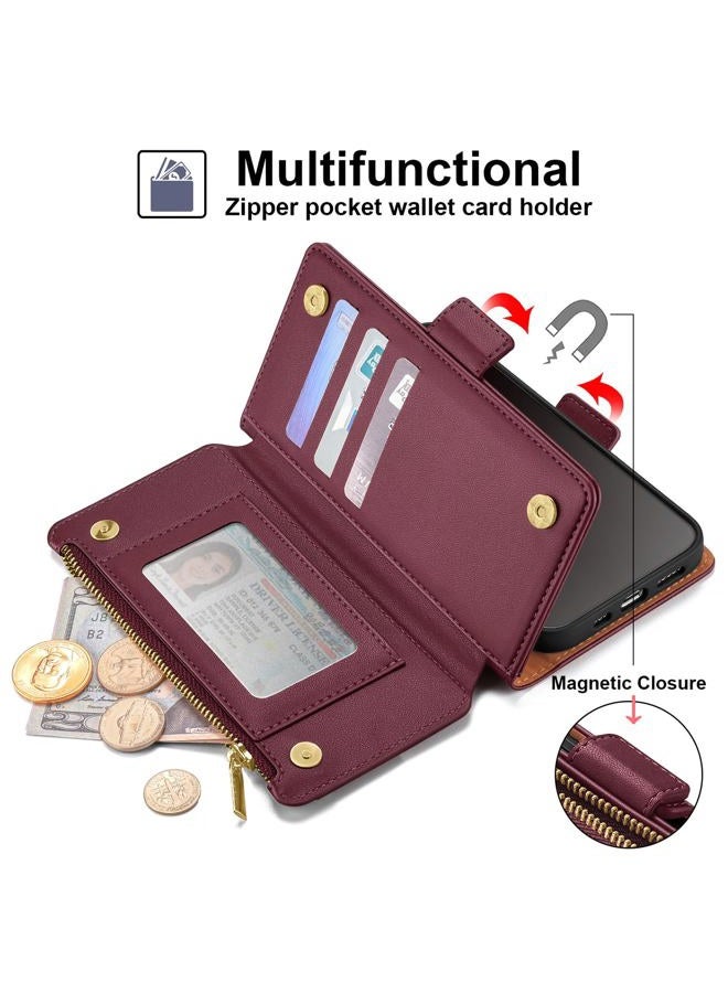 Antsturdy Compatible with Phone 17 Wallet Case,RFID Blocking PU Leather Phone Case Women Men Kickstand flip Cover Wrist Strap Zipper Credit Card Holder Slots for 17 6.3",Wine Red - Image 3
