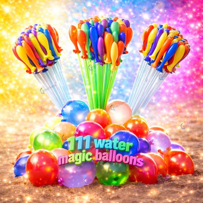 GRAPHENE Set of 3 Bunch 111 Holi Magic Water Balloons With Tap Adapter Automatic Latex Non Toxic Vibrant Color Quick Fill Easy Tie Water Balloon Summer Fight Holi Celebration for Unisex Kids Boy Girl - Image 2