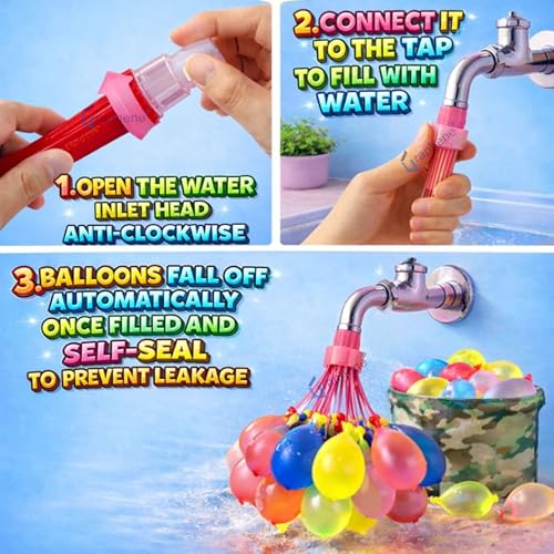 GRAPHENE Set of 3 Bunch 111 Holi Magic Water Balloons With Tap Adapter Automatic Latex Non Toxic Vibrant Color Quick Fill Easy Tie Water Balloon Summer Fight Holi Celebration for Unisex Kids Boy Girl - Image 3