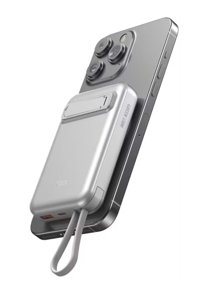 جرين ليون بنك طاقة دي إكس بي ماج سيف 10000 مللي أمبير/ساعة مع شاشة رقمية، كابلات مدمجة، شحن لاسلكي سريع 15 وات، حماية من ماس كهربائي - فضي - Image 1