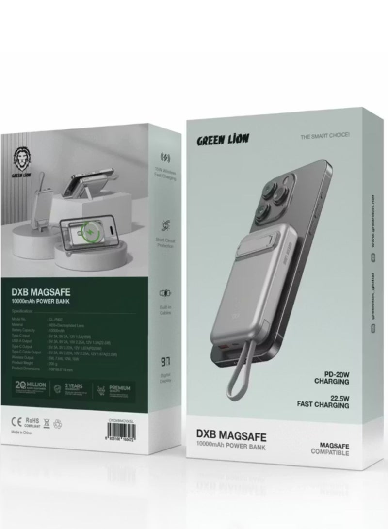 جرين ليون بنك طاقة دي إكس بي ماج سيف 10000 مللي أمبير/ساعة مع شاشة رقمية، كابلات مدمجة، شحن لاسلكي سريع 15 وات، حماية من ماس كهربائي - فضي - Image 3