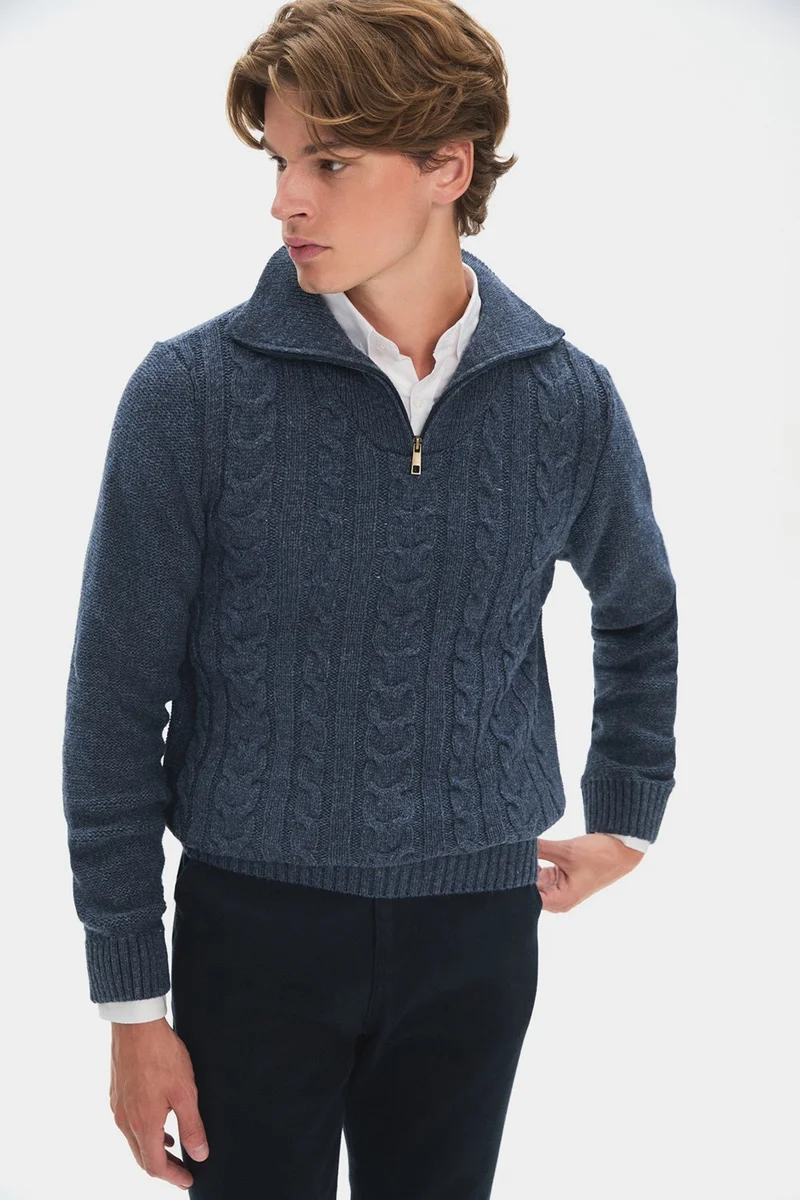 جون Men's Regular Fit Turtleneck Knit Detail Zippered Knitwear Sweater