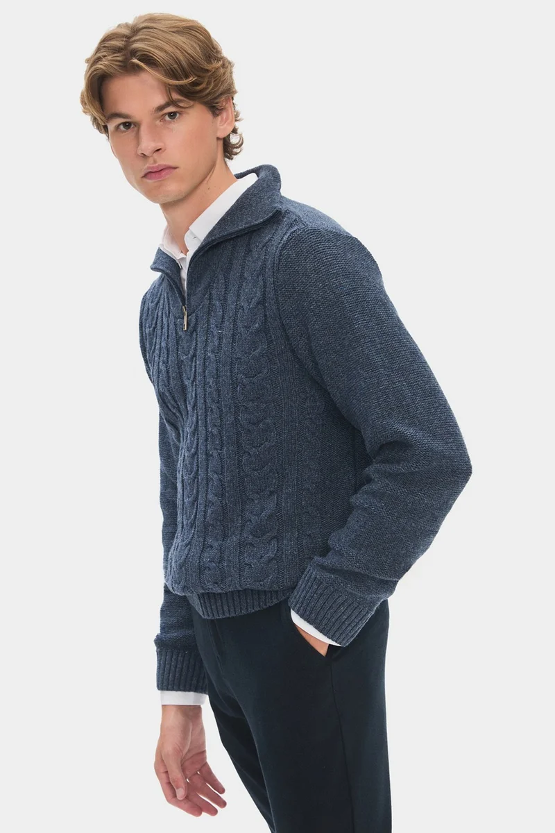جون Men's Regular Fit Turtleneck Knit Detail Zippered Knitwear Sweater