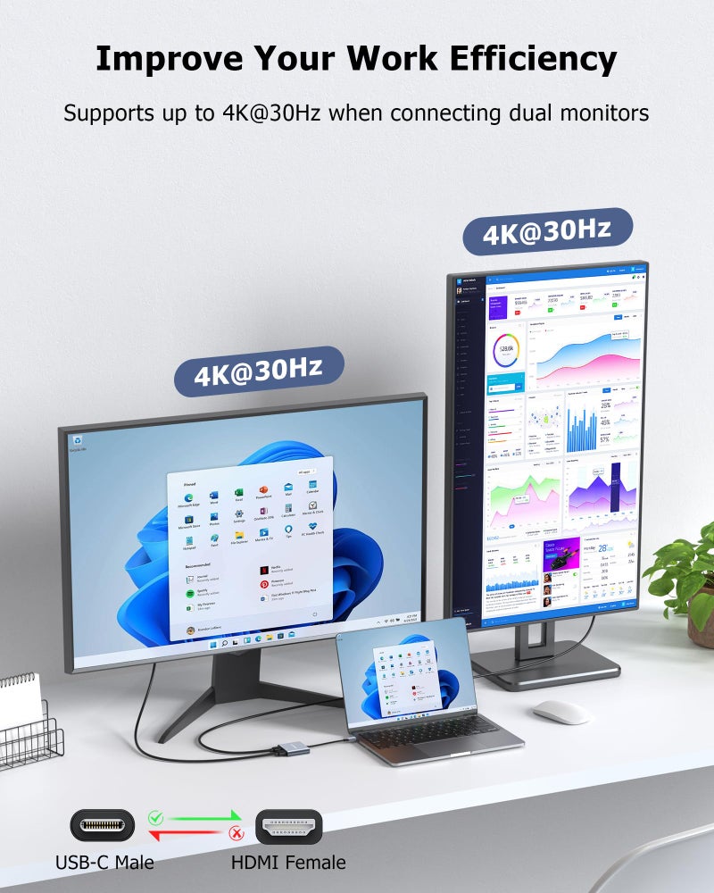 Glomtheia Dual HDMI Adapter for 2 Monitors Extended Display 1 in 2 Out, USB C to HDMI Splitter for Laptop MacBook Pro/Air, Support 4K@30Hz Double Monitors or 4K@60Hz Single Monitor - Image 3