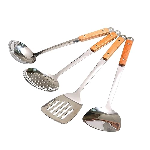 ONICORN® Stainless Steel Slotted Turner, Shovel, Skimmer, Soup ladle with Wooden Handle Kitchen Utensil. (4 pcs Set Wood Handle) - Image 1