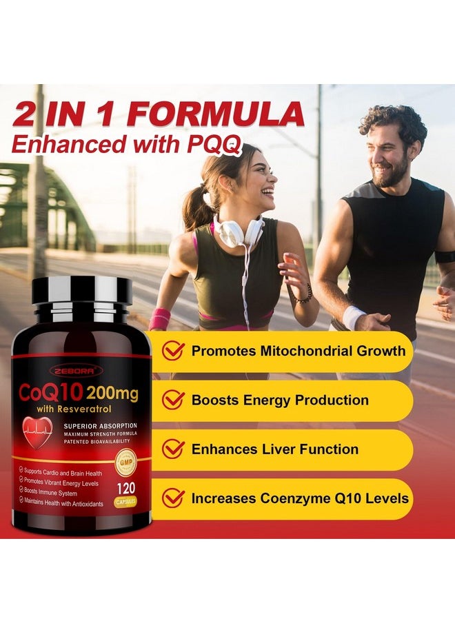 ZEBORA - ZEBORA CoQ10-200mg with Trans-Resveratrol, PQQ & Vitamin E - High Absorption Coenzyme-Q10 with BioPerine - Powerful Antioxidant for Heart & Energy-Production,120 Veggie Capsules - Image 1