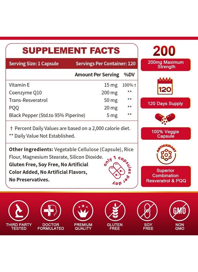 ZEBORA - ZEBORA CoQ10-200mg with Trans-Resveratrol, PQQ & Vitamin E - High Absorption Coenzyme-Q10 with BioPerine - Powerful Antioxidant for Heart & Energy-Production,120 Veggie Capsules - Image 1