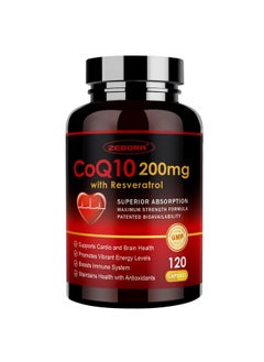 ZEBORA CoQ10-200mg with Trans-Resveratrol, PQQ & Vitamin E - High Absorption Coenzyme-Q10 with BioPerine - Powerful Antioxidant for Heart & Energy-Production,120 Veggie Capsules