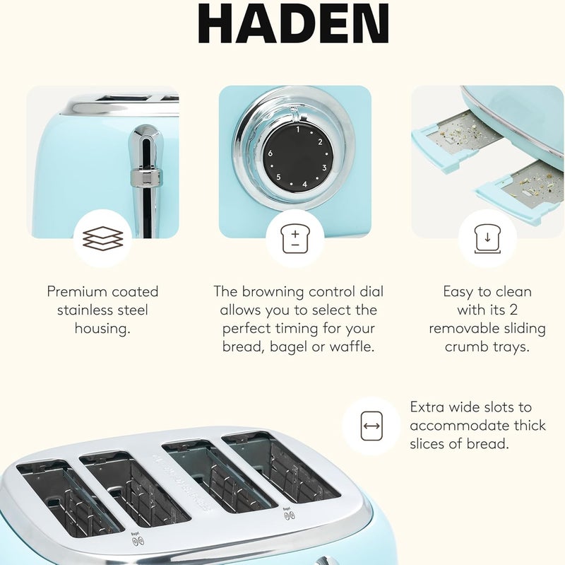 HADEN Heritage 4 Slice Wide Slot Stainless Steel Toaster with Adjustable Browning Control & Non-Slip Feet, Turquoise & Chrome - Image 3