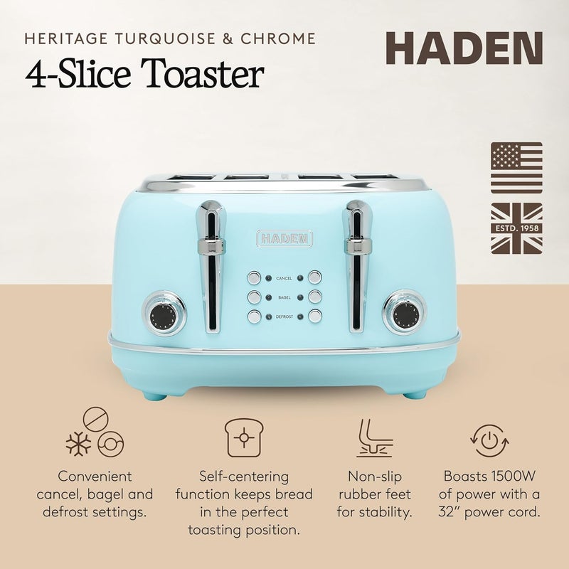 HADEN Heritage 4 Slice Wide Slot Stainless Steel Toaster with Adjustable Browning Control & Non-Slip Feet, Turquoise & Chrome - Image 2