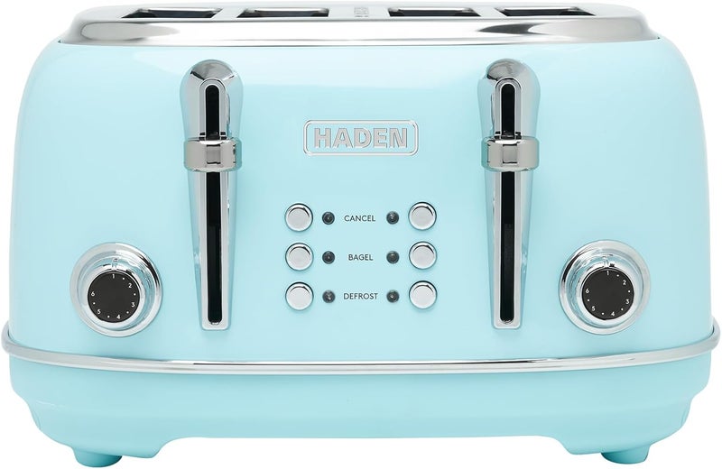HADEN Heritage 4 Slice Wide Slot Stainless Steel Toaster with Adjustable Browning Control & Non-Slip Feet, Turquoise & Chrome - Image 1