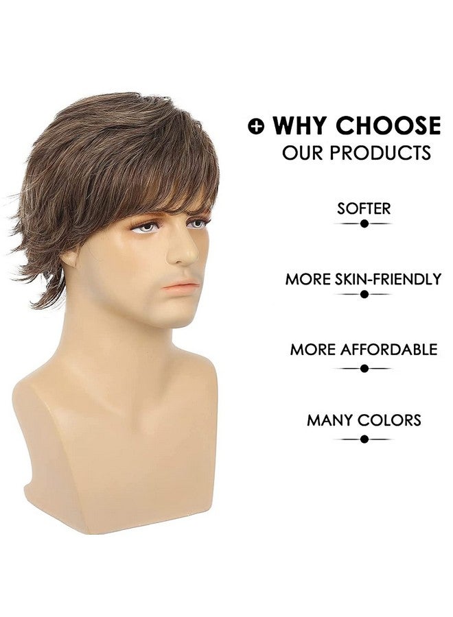 Beweig Mens Short Brown Wigs Natural Layered Fluffy Wigs Synthetic Hair Wig For Halloween Costume Cosplay With Wig Cap - Image 4
