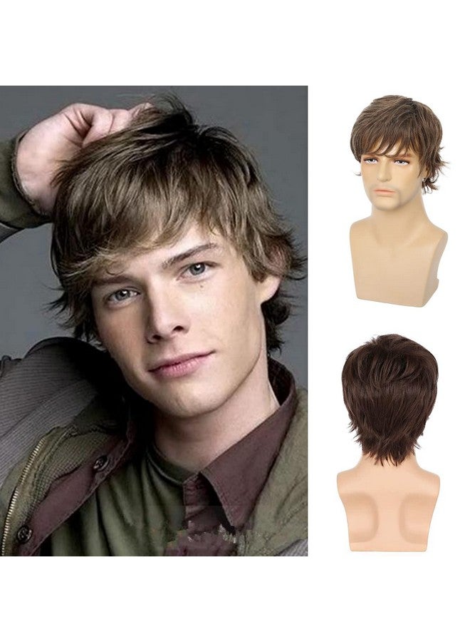 Beweig Mens Short Brown Wigs Natural Layered Fluffy Wigs Synthetic Hair Wig For Halloween Costume Cosplay With Wig Cap - Image 1