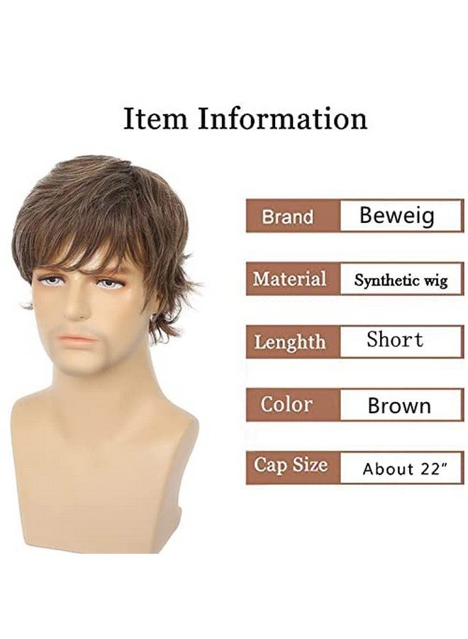 Beweig Mens Short Brown Wigs Natural Layered Fluffy Wigs Synthetic Hair Wig For Halloween Costume Cosplay With Wig Cap - Image 3
