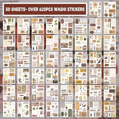 RISYPISY Pre-Cut Vintage Sticker Book for Scrapbooking - 622PCS Journaling Dark Academia Washi Stickers, Ephemera for Junk Journal Supplies 50 Sheets Orange Sticker for Journaling - Image 2