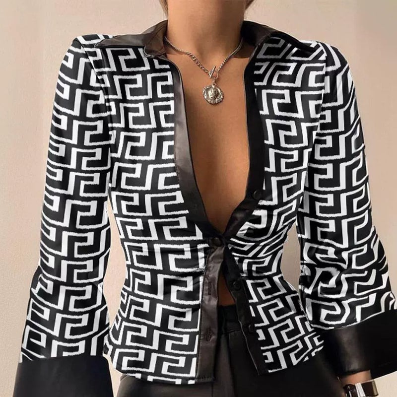 Women's Lace Hollow Out Long Sleeve V-Neck Patchwork Blouse Shirt - Image 2